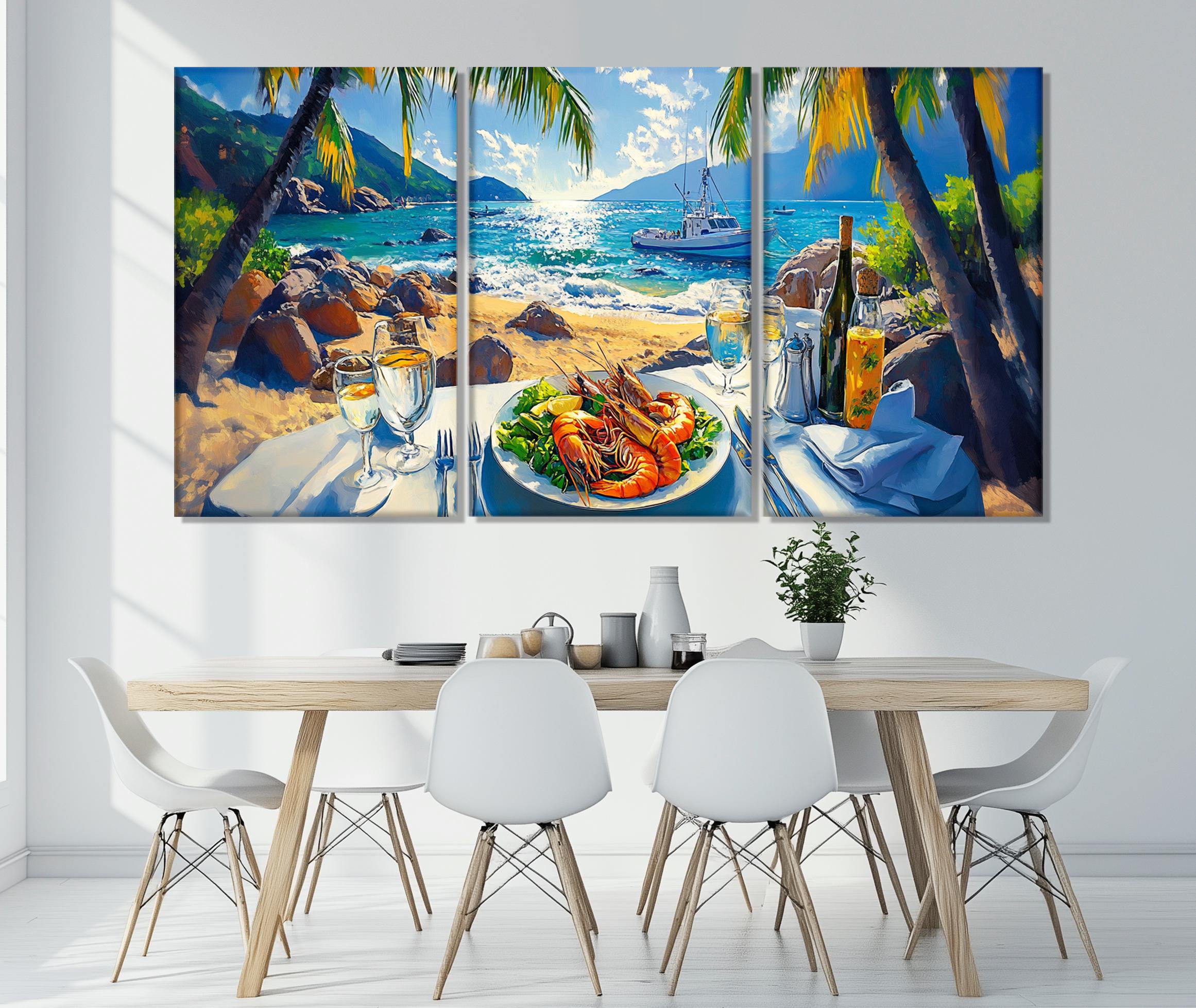 トロピカルビーチのエキゾチックなシーフードの絵画、キャンバスに