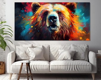 Pintura colorida de urso pardo impressa em tela, impressão abstrata em tela de urso pardo, arte de parede de ursos, arte de parede de animais, pôster de urso pop art