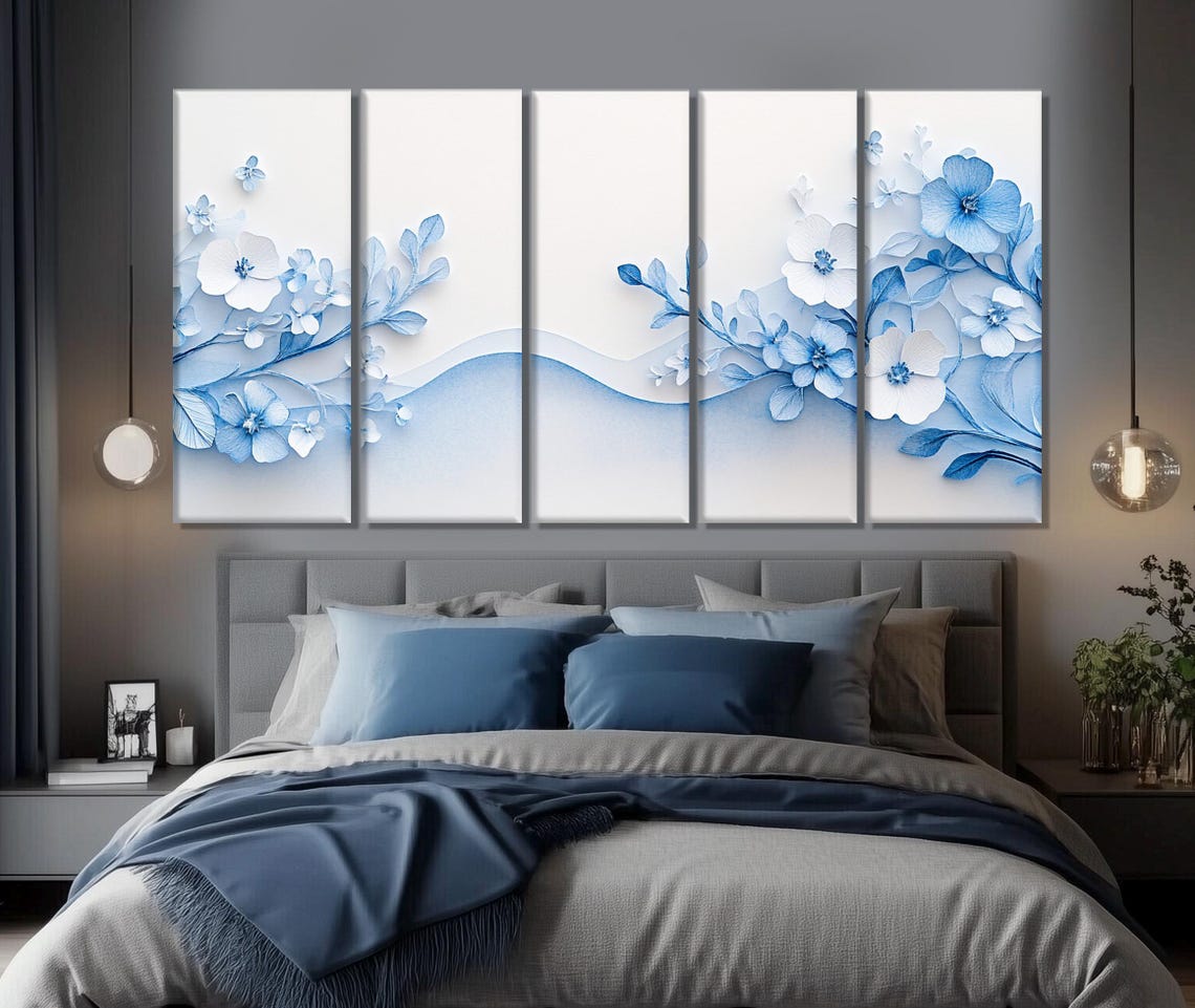 Gentle Blue and White Flowers Canvas Print, Minimalist Floral Wall Art ...