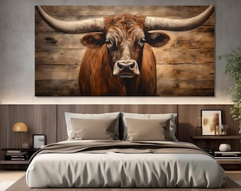 Texas Longhorn Painting Printed on Canvas, Farmhouse Wall Decor, Rustic Wall Art, Texas Longhorn Wall Art, Texas Longhorn Poster