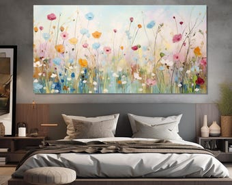 Neutrale Töne Wildblumen Gemälde auf Leinwand gedruckt, Sanfte Farben Wandkunst, Abstraktes Wildblumen Feld Poster, Weiche Töne Blumenbild