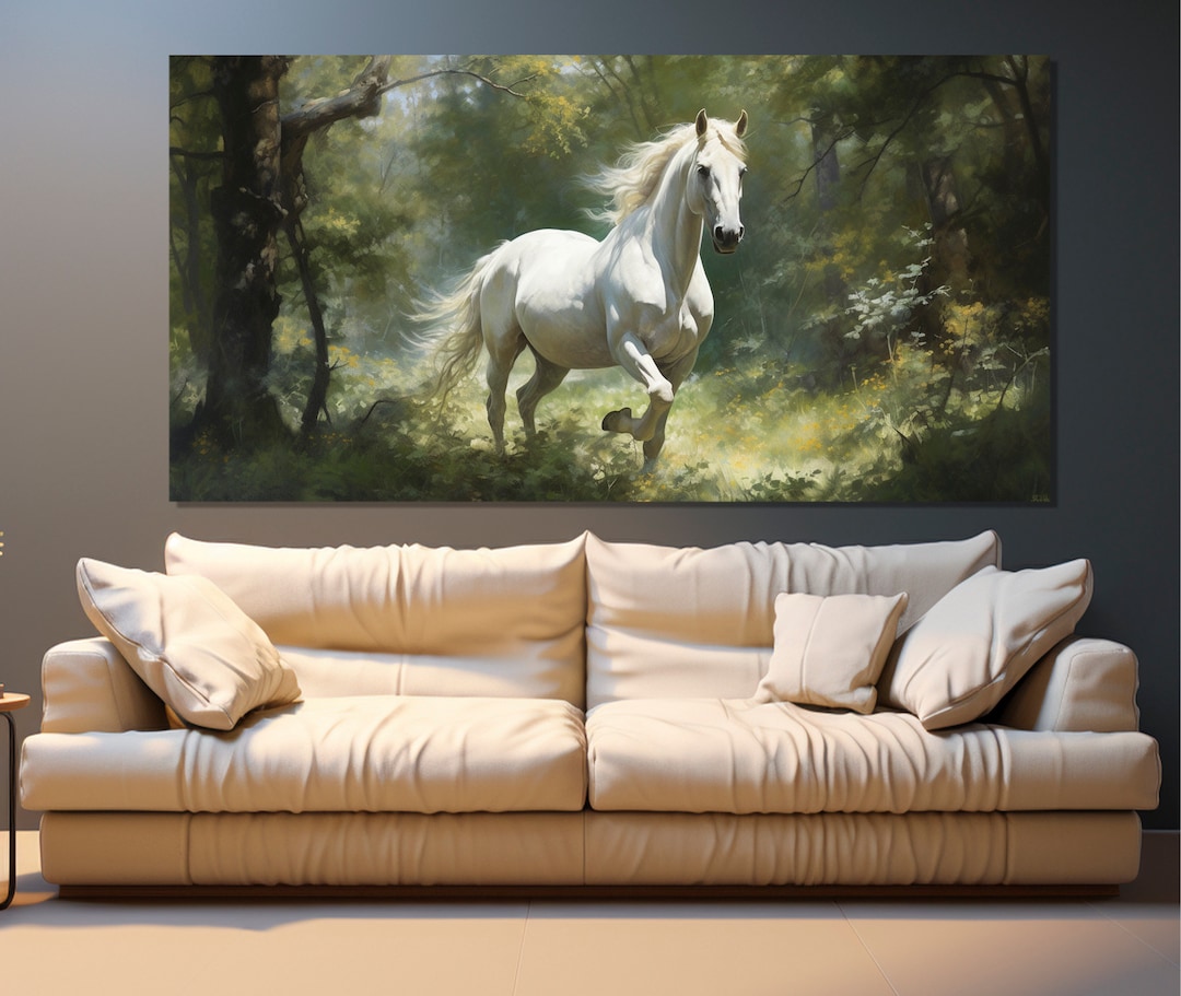 白馬のキャンバスプリント、森の中の大きな馬の絵画、馬の壁アート