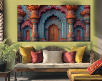 May include: A large canvas print depicting an ornate Indian palace facade. The artwork features detailed columns, arches, and doors in shades of blue, orange, and pink. A wooden bench with colorful pillows sits below the print.