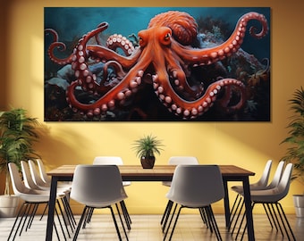Large Octopus Canvas Print, Octopus Painting, Sea Creatures Wall Art, Underwater Wall Decor, Octopus Poster