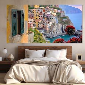 Romantic Cinque Terre Painting Printed on Canvas, Cinque Terre Village Canvas Print, Italy Wall Art, Scenic Vernazza Poster, Italy Wall Art