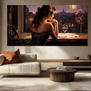 Lady with Glass of Wine Canvas Print, Romantic Wall Art, Lady Bedroom Decor, Woman with Wine Painting, Kitchen Wall Decor, Wine Canvas Art