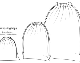 Set of 3 Drawstring Bags, PDF Sewing Pattern, Gift bag, Storage bag, Travel laundry bag