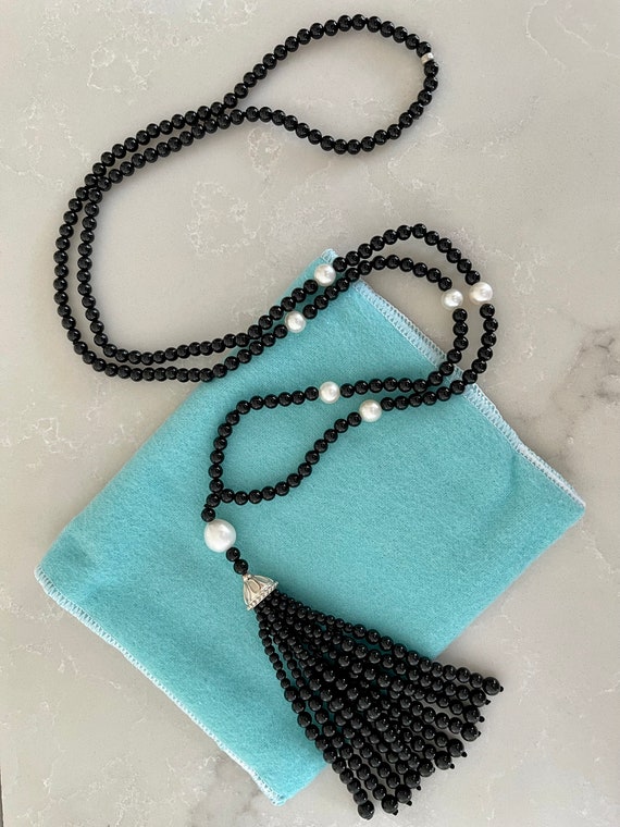Tiffany & Co  Onyx Pearl Tassel Pendant Necklace - image 2