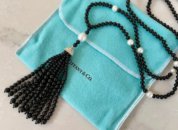 Tiffany Co Onyx Pearl Tassel Pendant Necklace Etsy