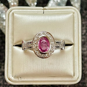 18K White Gold Natural Pink Sapphire Diamond Halo Engagement Anniversary Ring