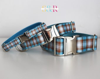 Blue Tan Plaid Dog Collar, Tartan Plaid, Baby Blue and Tan Lumberjack Dog Collar, Cabin Woodland  Collar, 5/8", 1" or 1 1/2" Wide Dog Collar
