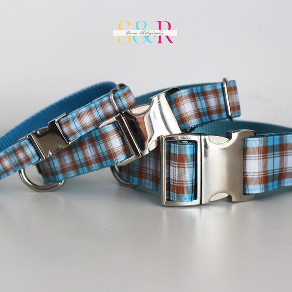 Blue Tan Plaid Dog Collar, Tartan Plaid, Baby Blue and Tan Lumberjack Dog Collar, Cabin Woodland  Collar, 5/8", 1" or 1 1/2" Wide Dog Collar