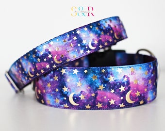 Luna Moon and Stars Dog Collar: Purple Blue Night Sky, Adjustable Collar