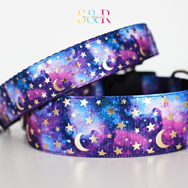 Luna Moon and Stars Dog Collar: Purple Blue Night Sky, Adjustable Collar