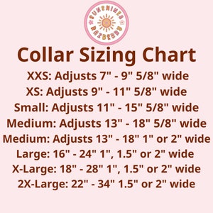 K&ouml;nnte beinhalten: Eine rosa und braune Tabelle mit dem Text "Collar Sizing Chart" und einer Liste von Kragen gr&ouml;&szlig;en mit ihren entsprechenden Ma&szlig;en in Zoll. Die aufgef&uuml;hrten Gr&ouml;&szlig;en sind XXS, XS, Small, Medium, Large, X-Large und 2X-Large.