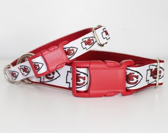 Kansas City Chiefs, KC Chiefs Dog Collar, Football Dog Collar, 5/8&quot; or 1&quot; Wide Adjustable Dog Collar and Optional Leash Set