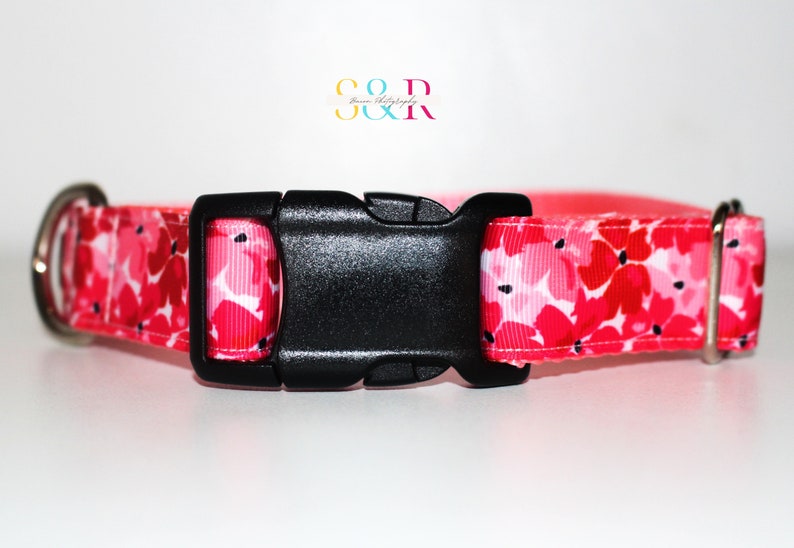Pretty Red and Pink Floral Dog Collar, Spring Floral Dog Collar, Handmade Dog Collar, Vegan Dog Collar, Spring Gift, Optional Dog Lead imagen 2