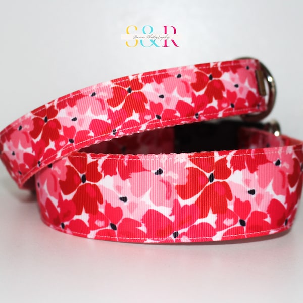 Pretty Red and Pink Floral Dog Collar, Spring Floral Dog Collar, Handmade Dog Collar, Vegan Dog Collar, Spring Gift, Optional Dog lead