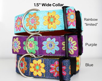 Bright Summer Flowers Jacquard Dog Collar — Handmade Adjustable Floral Dog Collar 1.5" wide