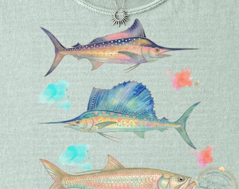 Paquete de imágenes PNG de peces deportivos de los Cayos de Florida / Marlín, pez vela, sábalo / Arte de peces en acuarela costera / Imágenes PNG de sublimación de pesca playera
