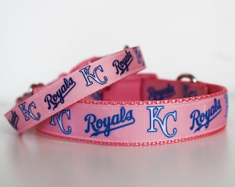 Kansas City Pink Royals Dog Collar, KC Royals Dog Collar XXS - XL, Adjustable 5/8" or 1" Wide Dog Collar,  Optional Matching Leash