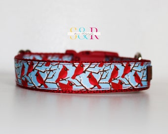 Red Cardinals Dog Collar - Winter Dog Collar - Holiday Dog Collar - 1" wide Adjustable Collar