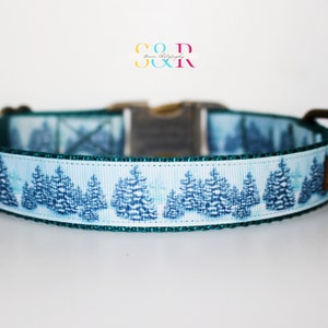 Winter Forest Dog Collar: Snowy Pine Trees, Optional Leash