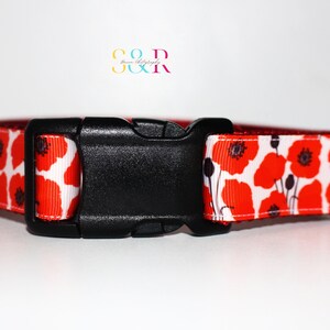 May include: Red and white dog collar with a black buckle and a poppy flower pattern.