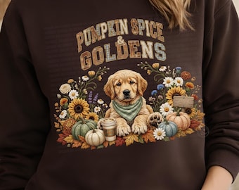 Pumpkin Spice & Goldens PNG, Golden Retriever Fall PNG, Autumn Dog PNG, Pumpkin Puppy Sublimation Design