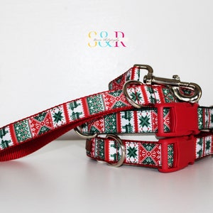 Faire Isle Sweater Dog Collar, Red and Green Dog Collar, Holiday Dog Collar, Christmas Dog Collar and Optional Leash Set