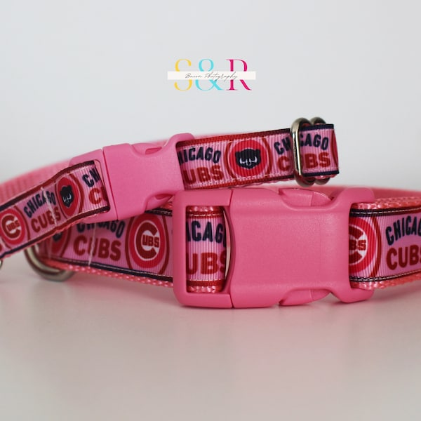 Pink Chicago Cubs Dog Collar -  Cubs Dog Collar - Baseball Sports Team - 5/8" or  1' Wide Adjust Dog Collar - Optional Matching Leash