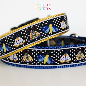 May include: Two dog collars with a black background and white polka dots. The collars are trimmed in yellow and blue and feature a repeating pattern of colorful moths.