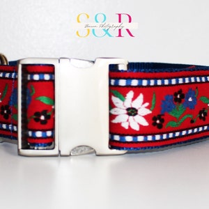 2&quot; Wide Red Edelweiss Dog Collar, Swiss Dog Collar, Vintage Swiss Jacquard, Greater Swiss Mountain Dog Bernese Mountain Dog