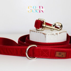 Puede incluir: Correa de perro de terciopelo rojo con un anillo en D plateado y una etiqueta de cuero marr&oacute;n con el texto "Sunburnt & Sleepy".