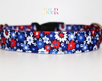 Floral Patriotic Dog Collar: Red, White & Blue 4th of July