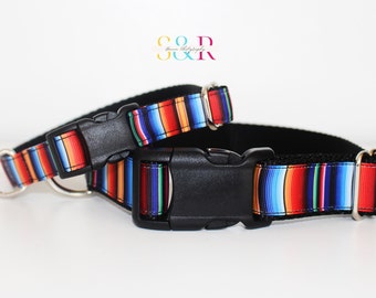 Mexican Serape Dog Collar Colorful Striped Fiesta Style Adjustable Dog Collar available in 5/8" width and 1" width XXL - XL sizes