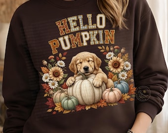 Hello Pumpkin Golden Retriever PNG | Fall Dog PNG | Autumn Golden Puppy Shirt Design | Pumpkin Patch Sublimation | Cozy Fall Clipart