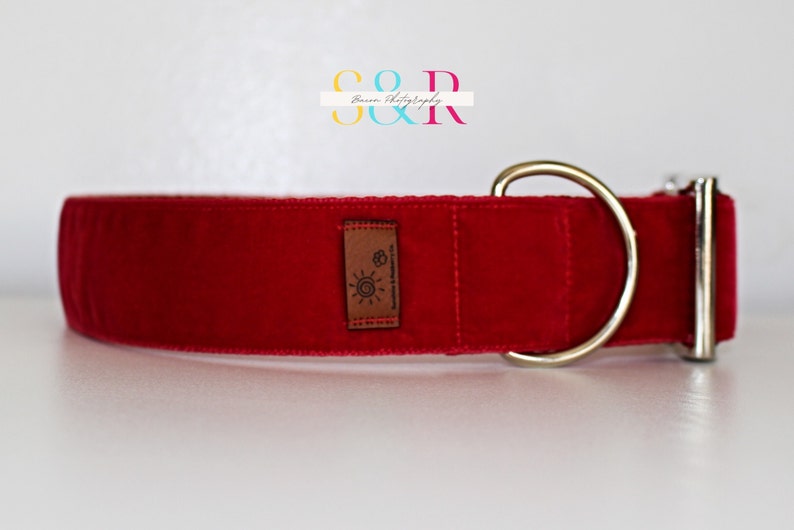 Puede incluir: Collar de perro de terciopelo rojo con hebilla plateada y un peque&ntilde;o parche de cuero marr&oacute;n con un dise&ntilde;o de sol.