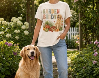 Golden Retriever Garden Buddy PNG, Patchwork Letter Dog Design, Watercolor Golden Retriever PNG, Gardening Sublimation Download