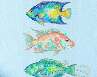 Ensemble de poissons côtiers des Florida Keys PNG | Poisson-ange Poisson-cochon Poisson perroquet | Sublimation de poissons côtiers BCBG, art aquarelle de poissons de récifs tropicaux
