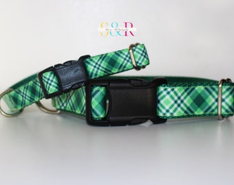 Kelly Green Dog Collar, Plaid Dog Collar Dog Collar, Green Plaid Dog Collar Dog Collar, 5/8" or 1" Wide Dog Collar