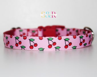 Cherry Handmade Dog Collar, Fruit Dog Collar, Cute Outdoor Summer Dog Collar XXS - M sizes - Adjustable 5/8" Wide Dog Collar