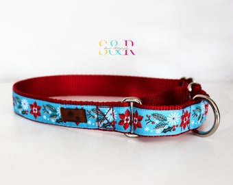 Snowflakes and Berries Dog Collar - Winter Dog Collar - Christmas Dog Collar  - Adjustable 1" Martingale Collar and Optional Matching Leash