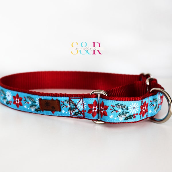 Snowflakes and Berries Dog Collar - Winter Dog Collar - Christmas Dog Collar  - Adjustable 1" Martingale Collar and Optional Matching Leash