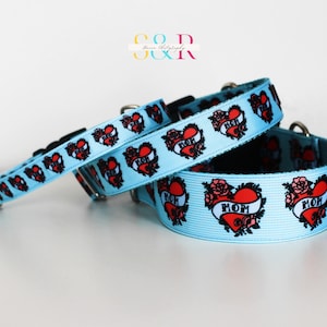 Mama's Boy Dog Collar: Tattoo Mom Heart, Baby Blue