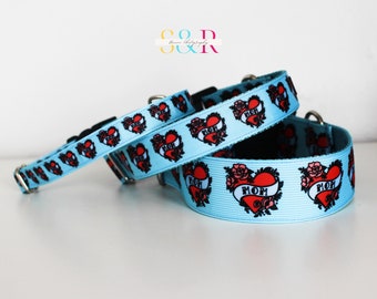 Mama's Boy Dog Collar, I Love Mom Dog Collar, Mom Dog Collar, Tattoo Mom Heart 5/8", 1" or 1 1/2" Wide Dog Collar