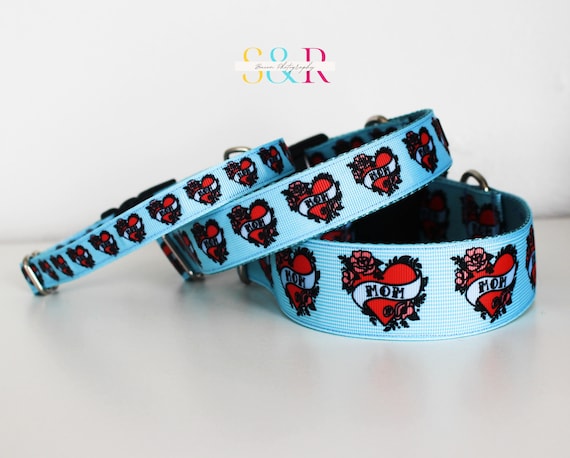 Mama's Boy Dog Collar: Tattoo Mom Heart, Baby Blue