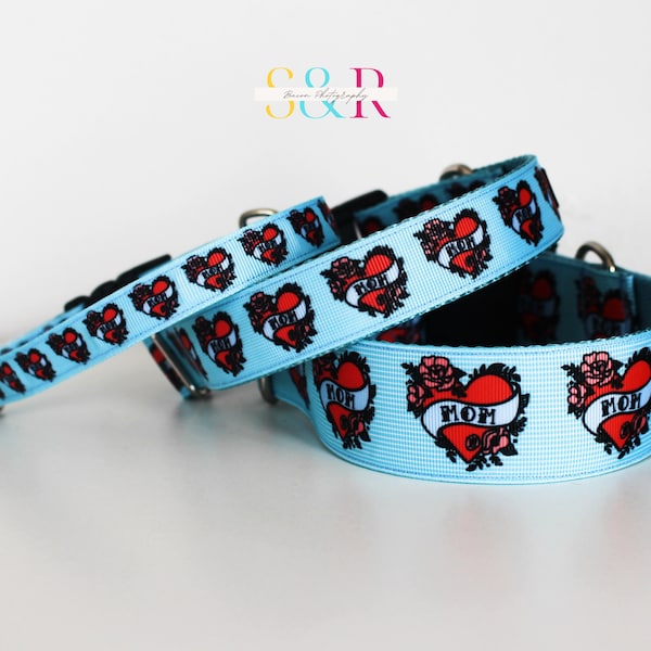 Mama's Boy Dog Collar, I Love Mom Dog Collar, Mom Dog Collar, Tattoo Mom Heart 5/8", 1" or 1 1/2" Wide Dog Collar