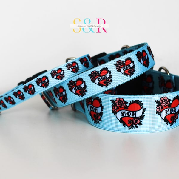 Mama's Boy Dog Collar: Tattoo Mom Heart, Baby Blue