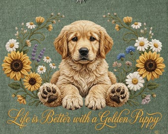 Life Is Better With a Golden Puppy PNG, Golden Retriever Puppy PNG, Faux Embroidery Dog PNG, Puppy Sublimation Design, Dog Mom png